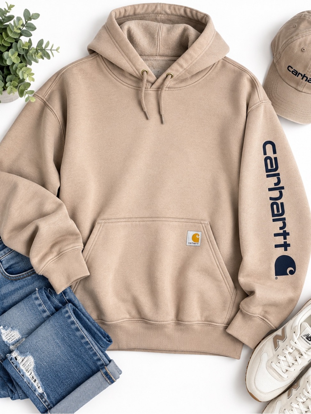 Carhartt Loose Fit Logo Sleeve Hoodie Men’s Large Tan Beige Pullover